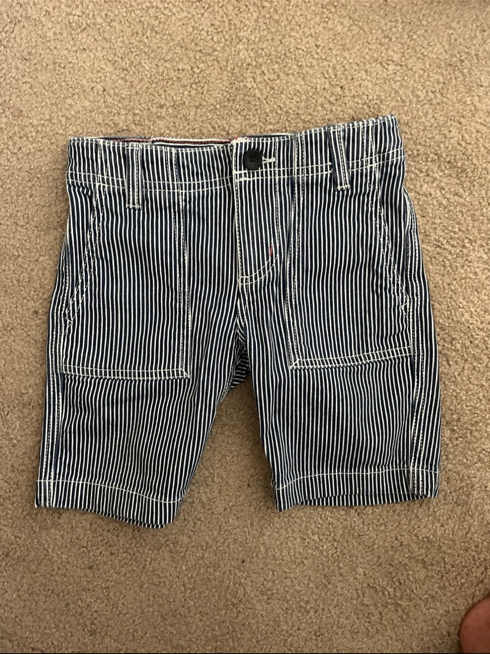 Boden Navy and White Striped Shorts with Red Accent